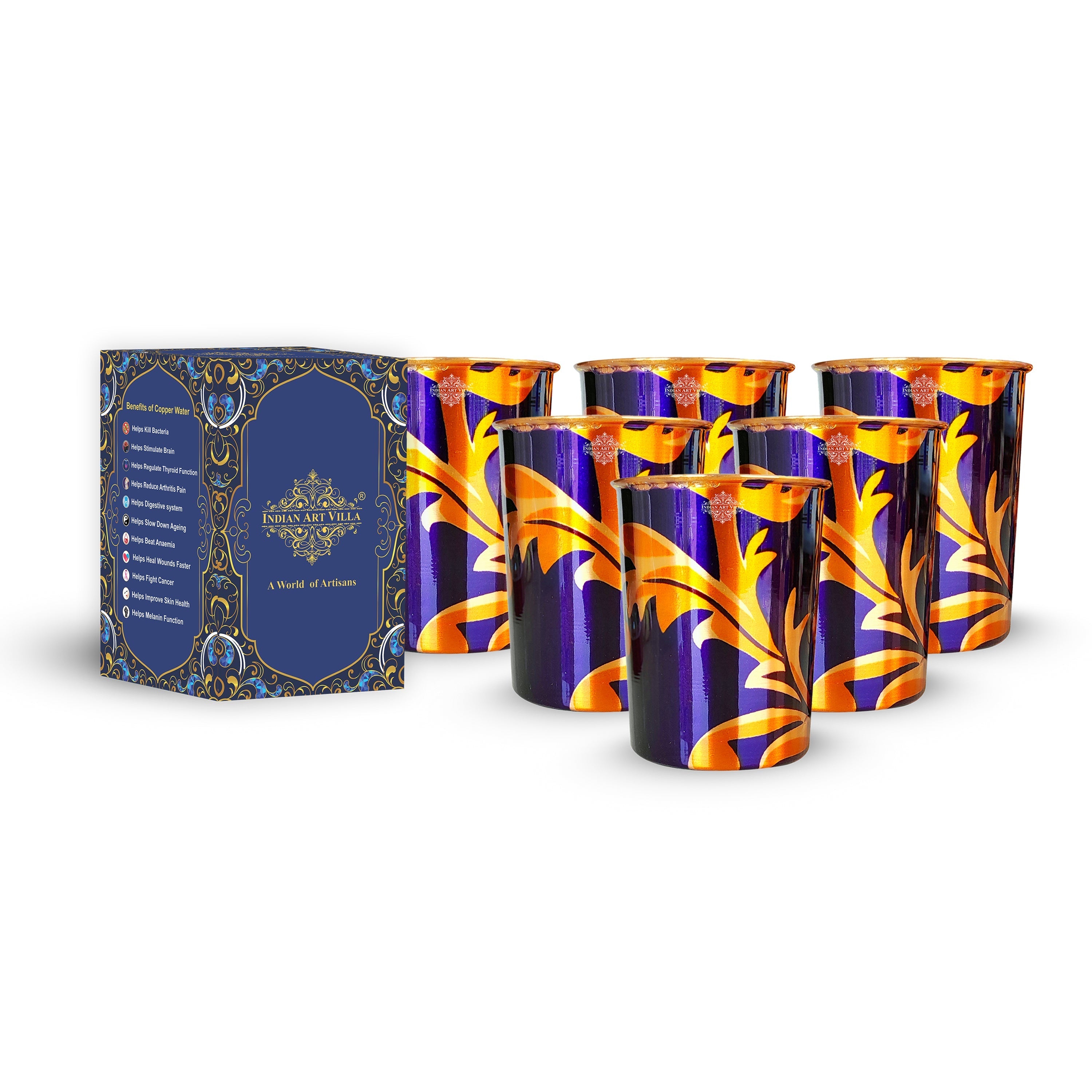 Pure Copper Printed Glass with Leaf Print , Serveware & Drinkware, Beneficial for Health, Volume-300 ML