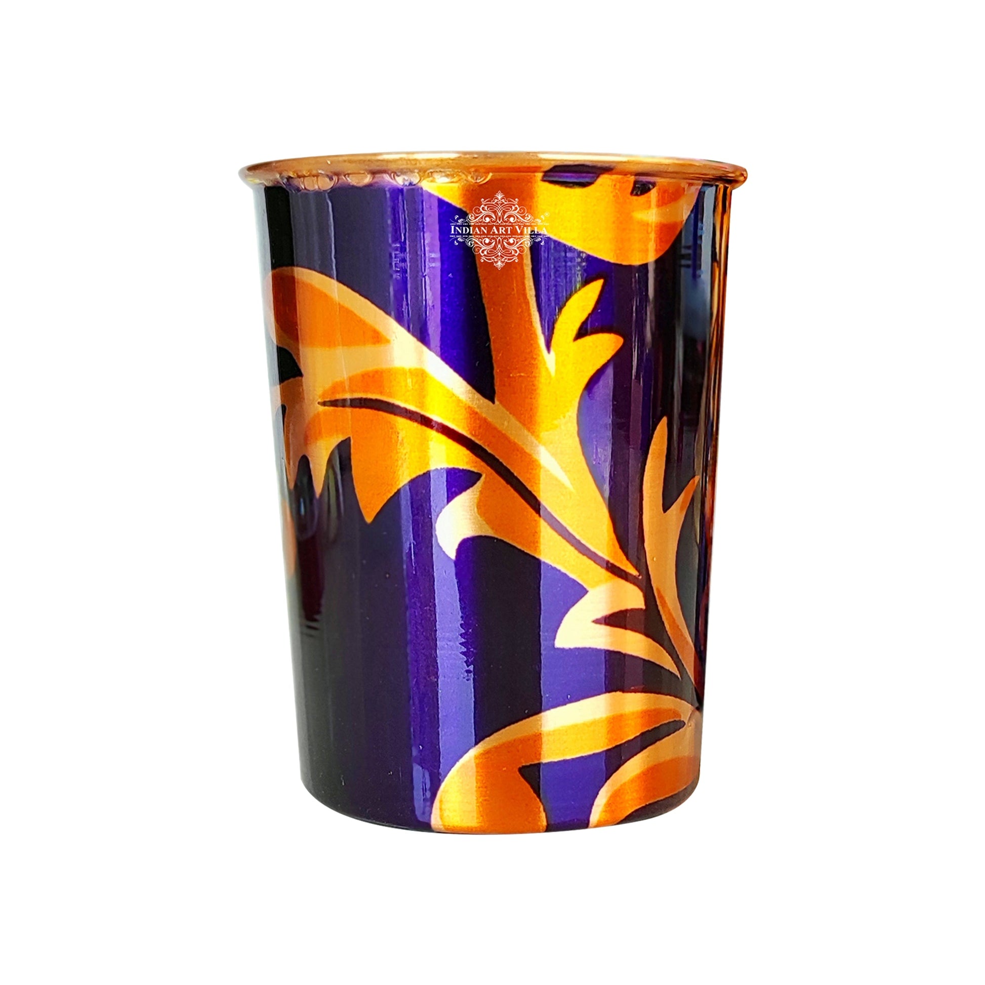 Pure Copper Printed Glass with Leaf Print , Serveware & Drinkware, Beneficial for Health, Volume-300 ML