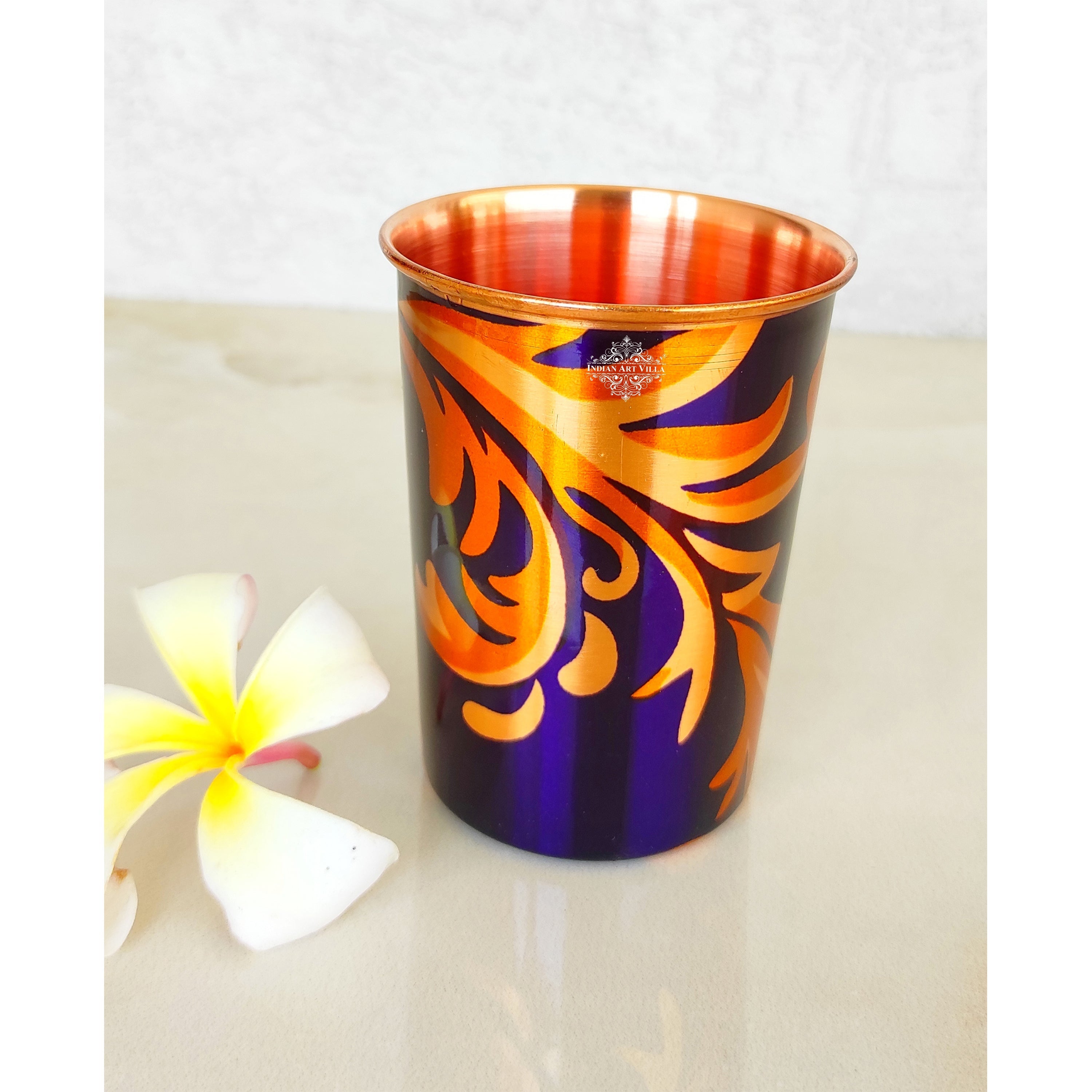 Pure Copper Printed Glass with Leaf Print , Serveware & Drinkware, Beneficial for Health, Volume-300 ML