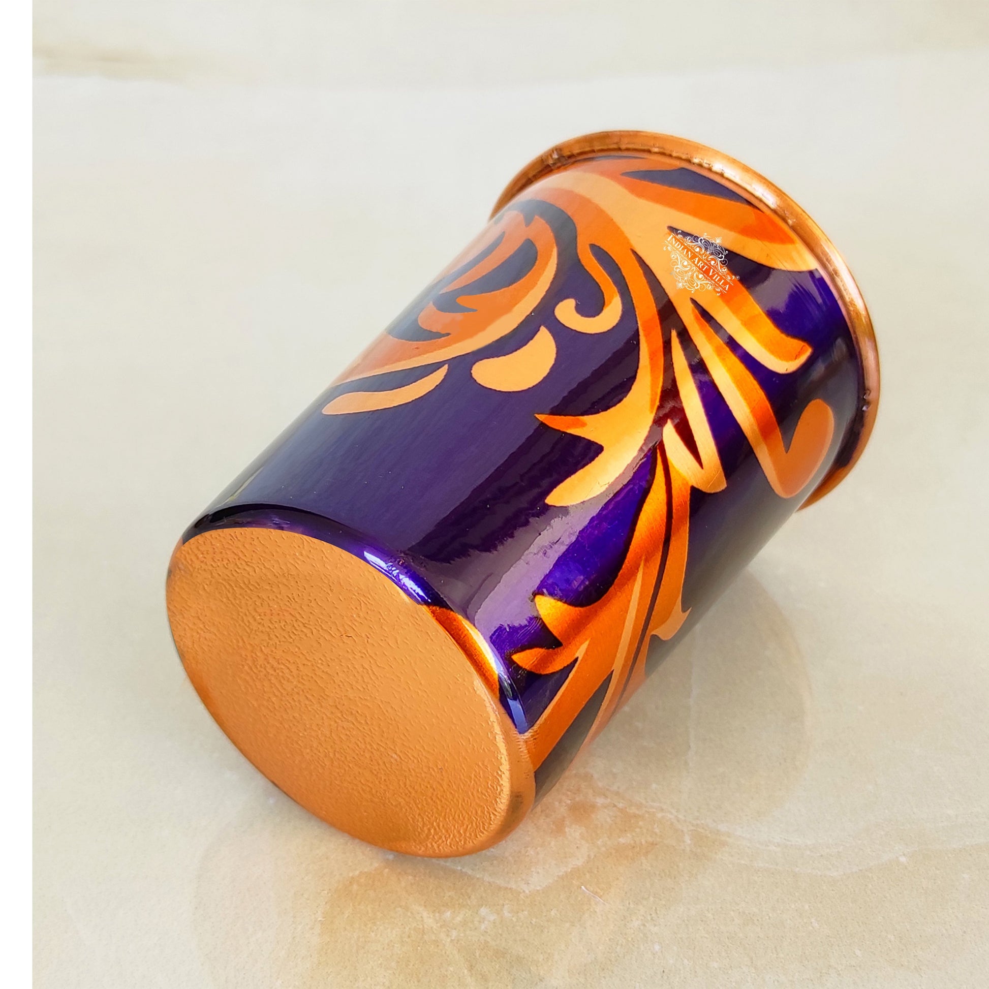 Pure Copper Printed Glass with Leaf Print , Serveware & Drinkware, Beneficial for Health, Volume-300 ML