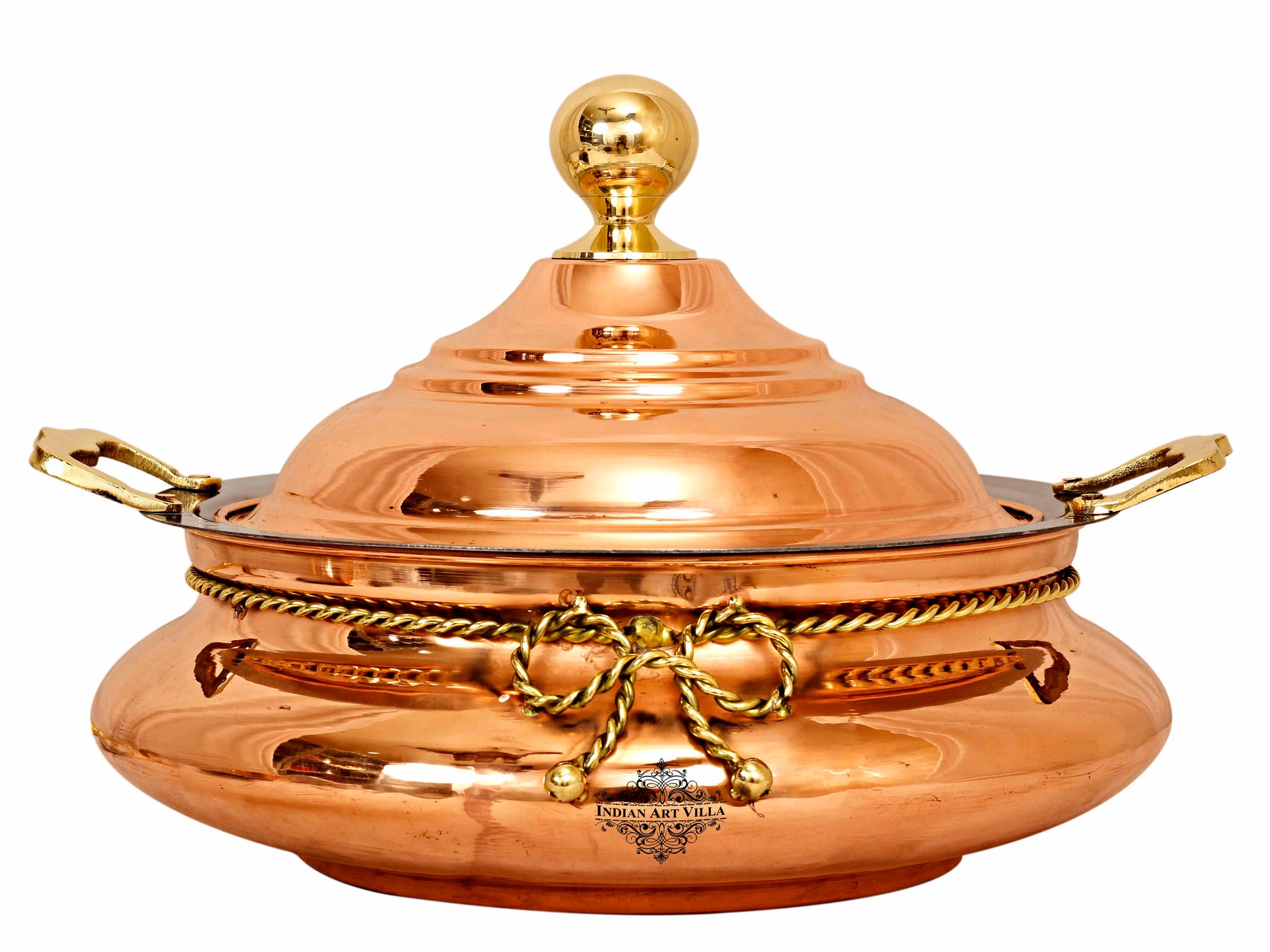 Handcrafted Pure Steel Copper Chafing Dish with Lid & Brass Knob & Brass Handle, Serveware, Tableware