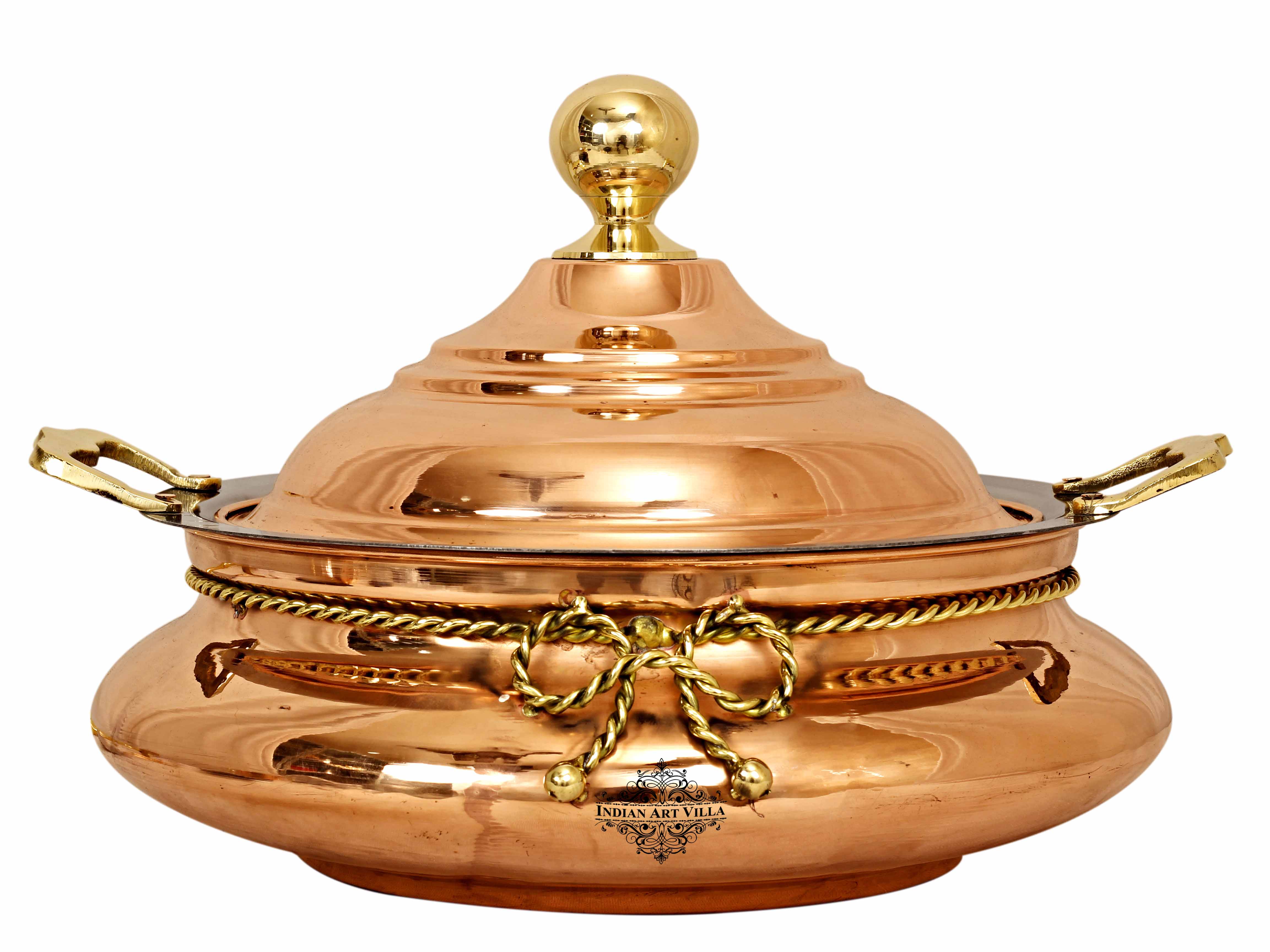Handcrafted Pure Steel Copper Chafing Dish with Lid & Brass Knob & Brass Handle, Serveware, Tableware