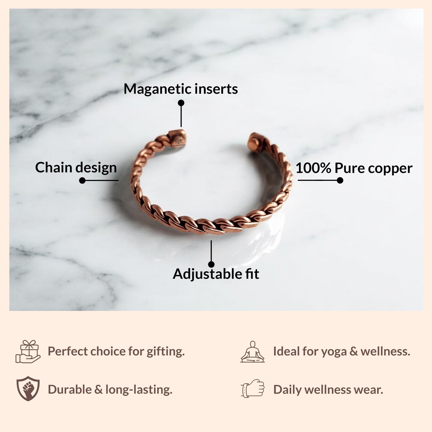 Pure Copper Chain Spiral Design Bracelet with Magnet Handcrafted Healing Bangle