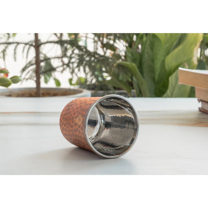 Pure Steel Copper Flat Hammered Design Glass Tumbler 300 ML