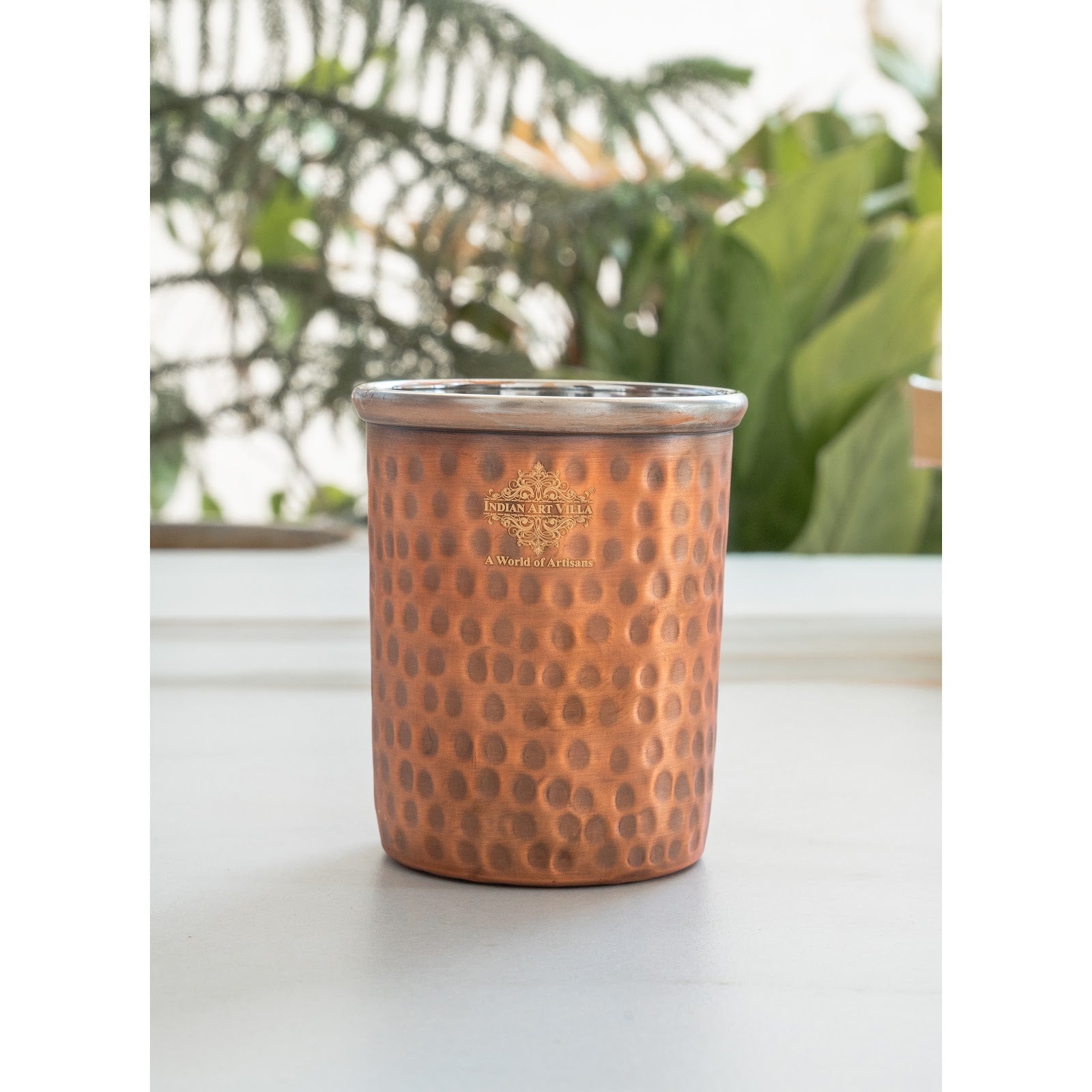 Pure Steel Copper Flat Hammered Design Glass Tumbler 300 ML