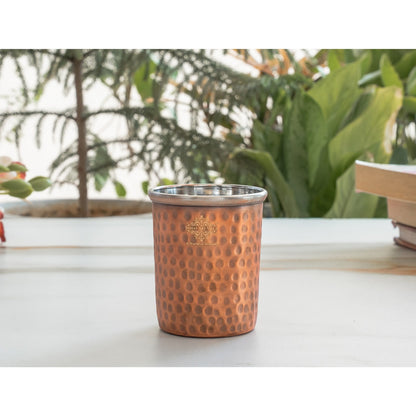 Pure Steel Copper Flat Hammered Design Glass Tumbler 300 ML