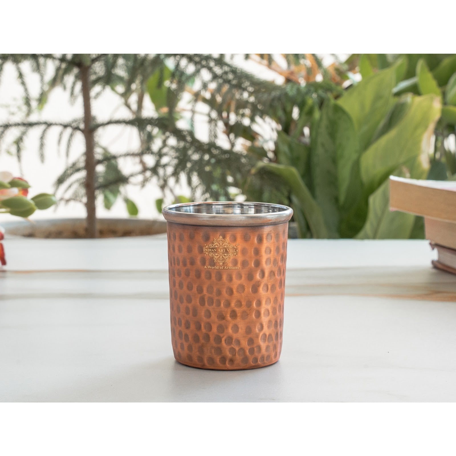 Pure Steel Copper Flat Hammered Design Glass Tumbler 300 ML