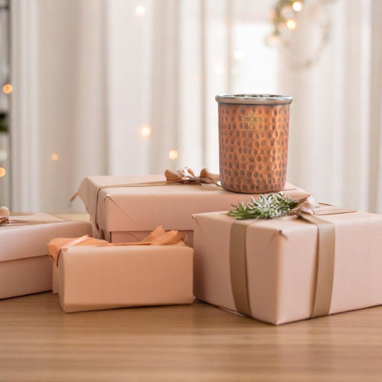 Pure Steel Copper Flat Hammered Design Glass Tumbler 300 ML