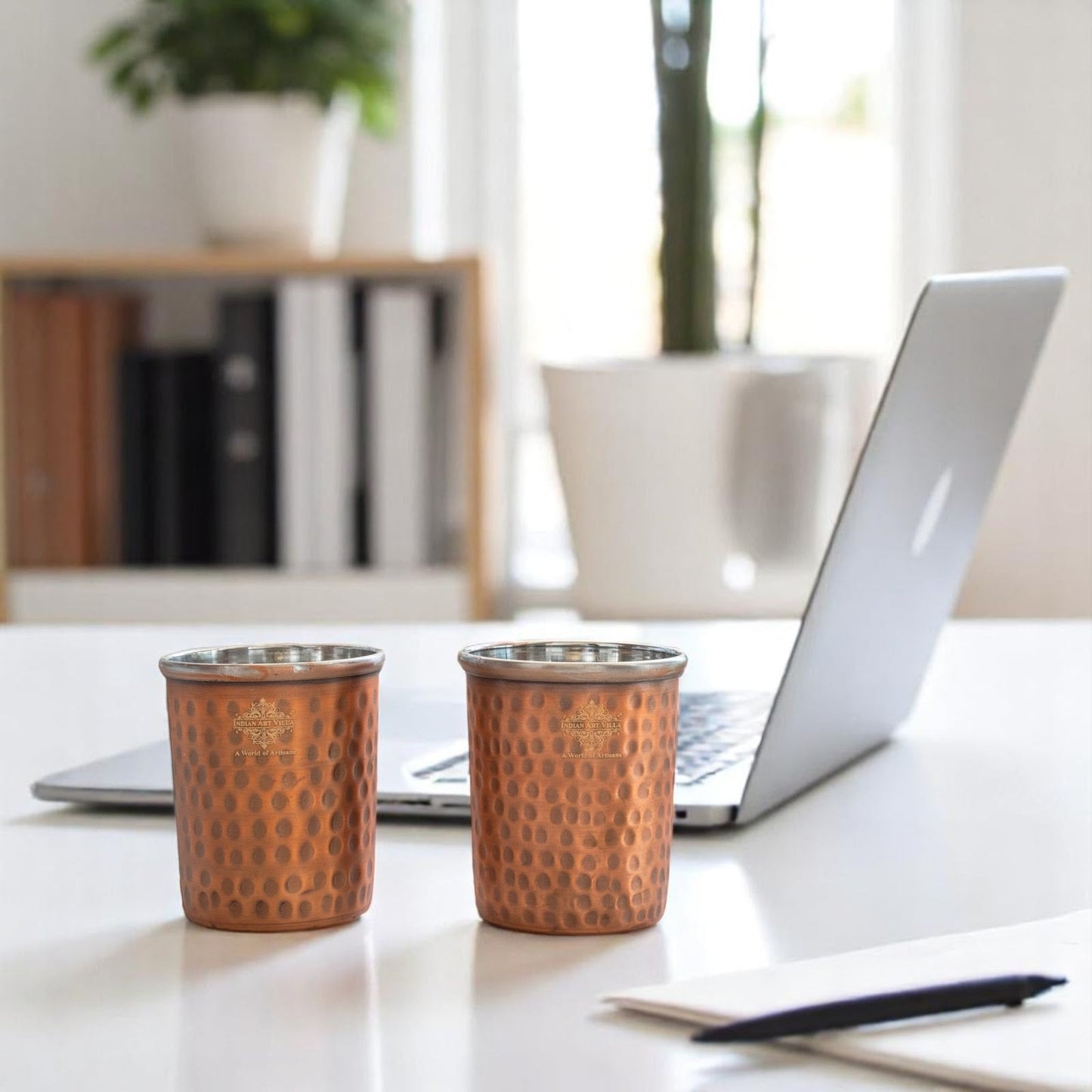 Pure Steel Copper Flat Hammered Design Glass Tumbler 300 ML