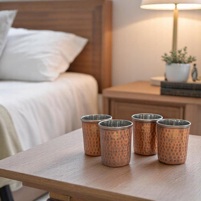 Pure Steel Copper Flat Hammered Design Glass Tumbler 300 ML
