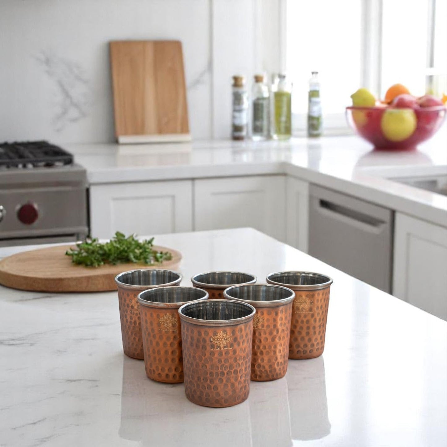 Pure Steel Copper Flat Hammered Design Glass Tumbler 300 ML