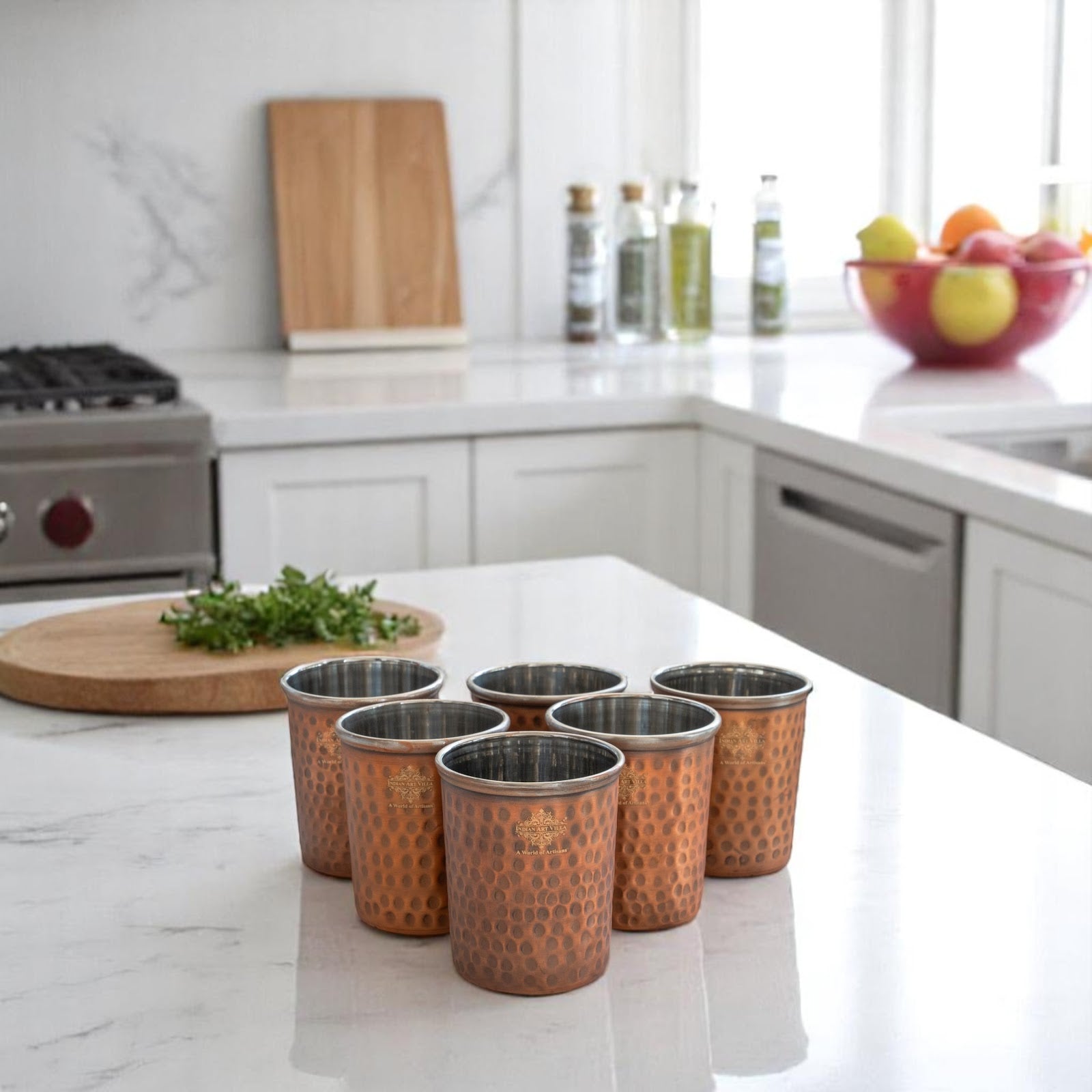 Pure Steel Copper Flat Hammered Design Glass Tumbler 300 ML