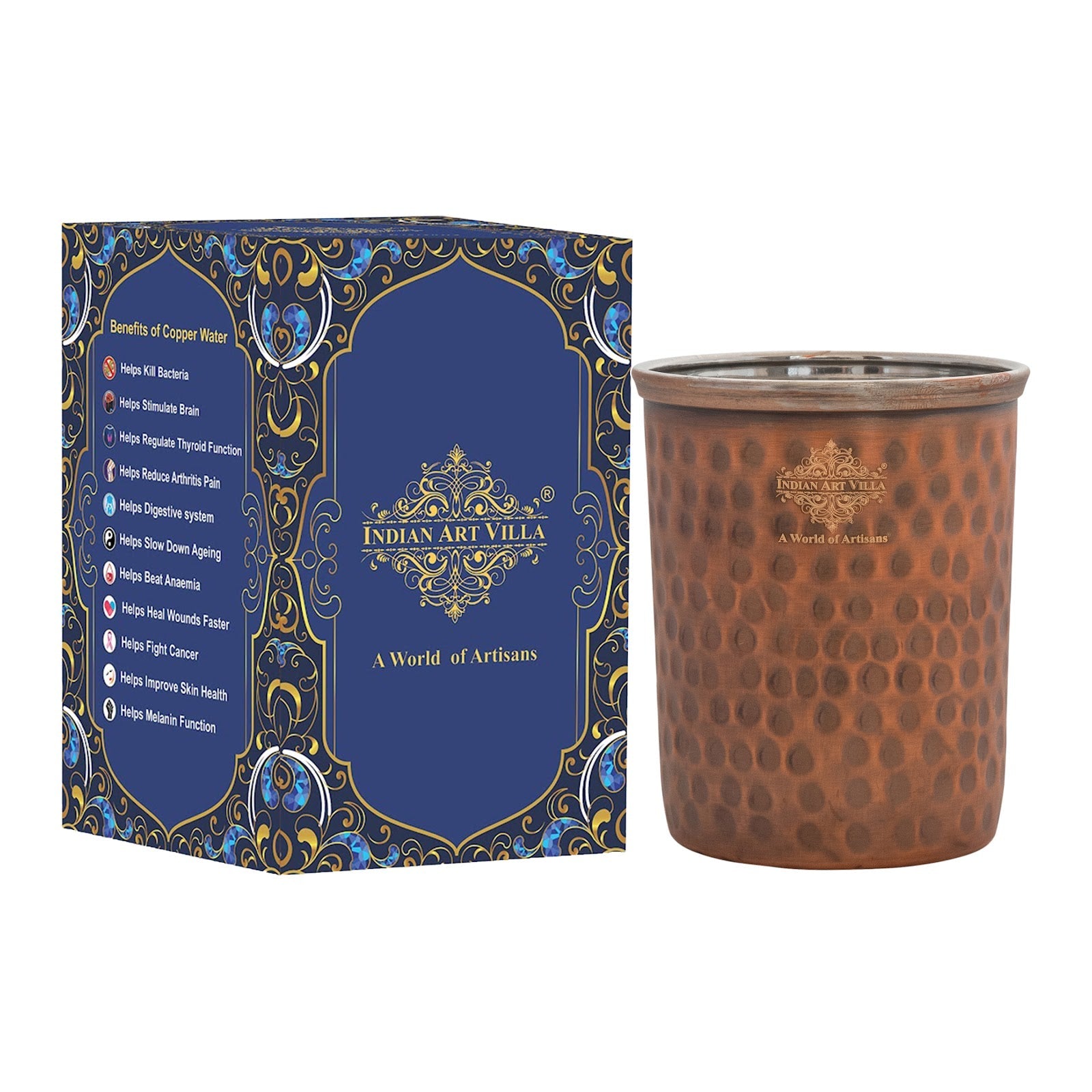 Pure Steel Copper Flat Hammered Design Glass Tumbler 300 ML