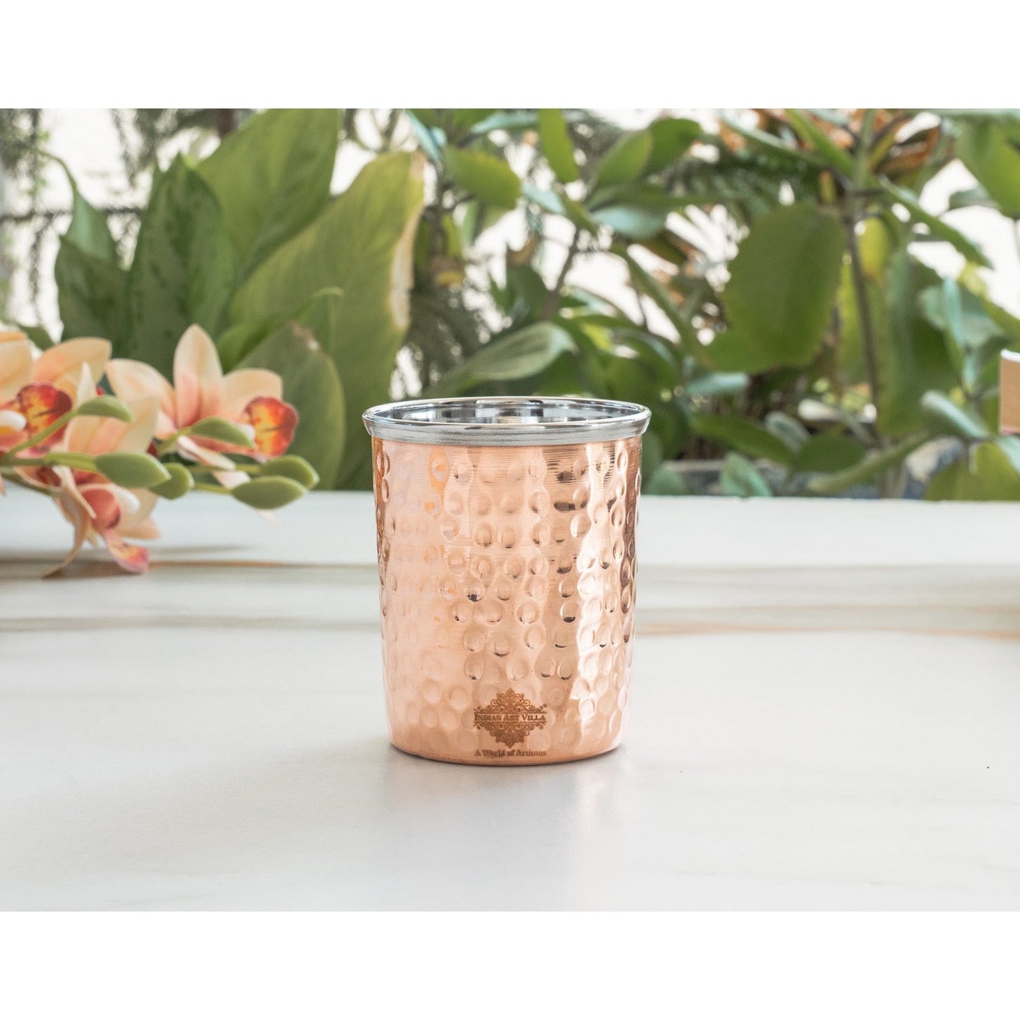 Pure Steel Copper Flat Hammered Design Glass Tumbler 300 ML