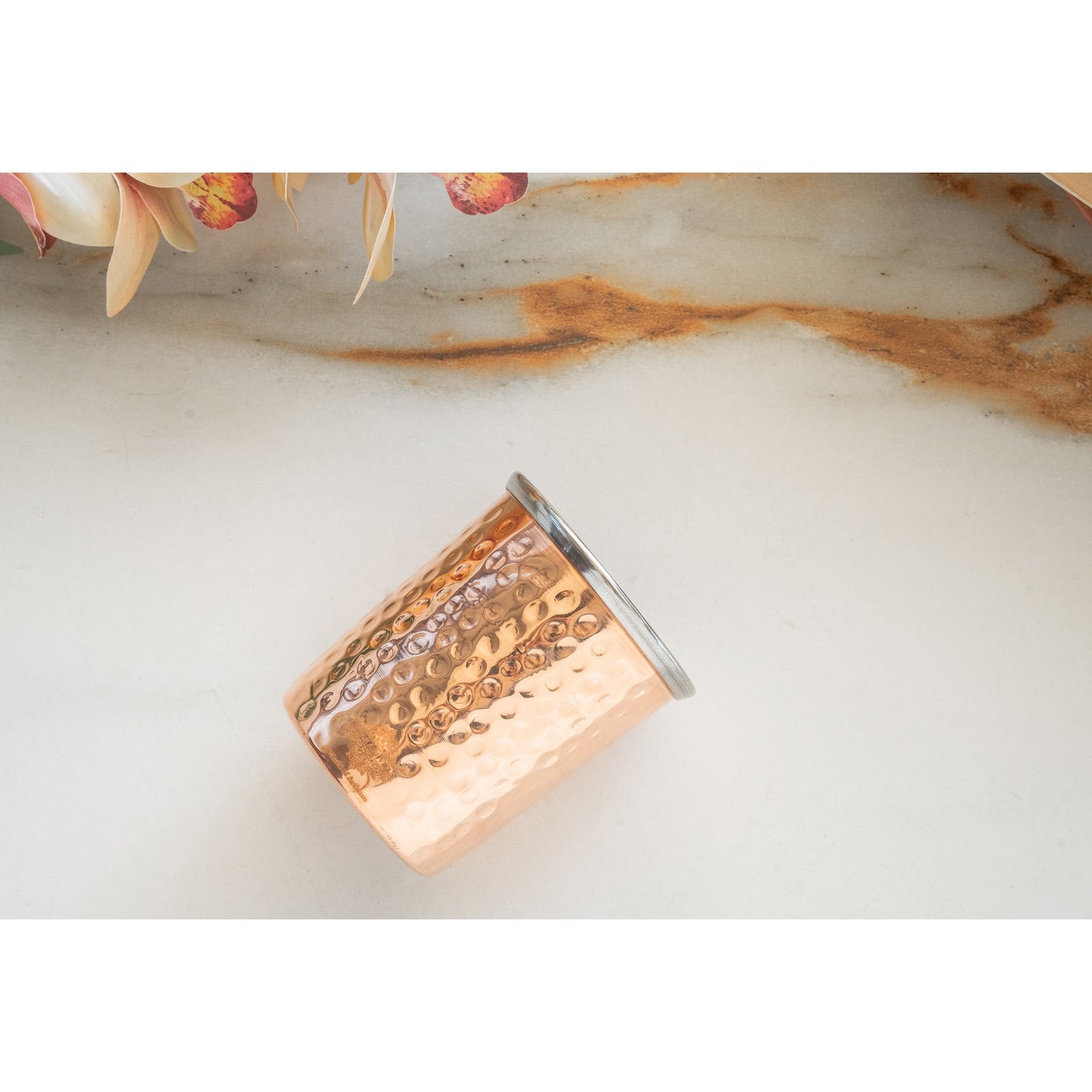 Pure Steel Copper Flat Hammered Design Glass Tumbler 300 ML