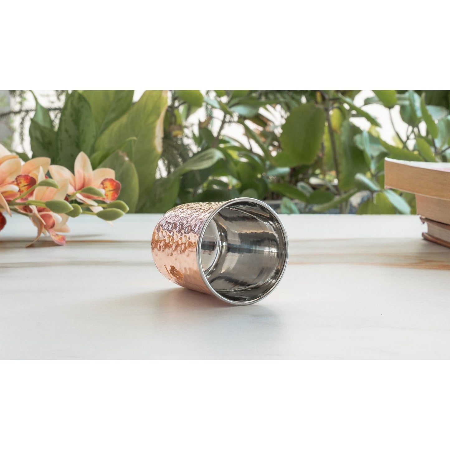 Pure Steel Copper Flat Hammered Design Glass Tumbler 300 ML