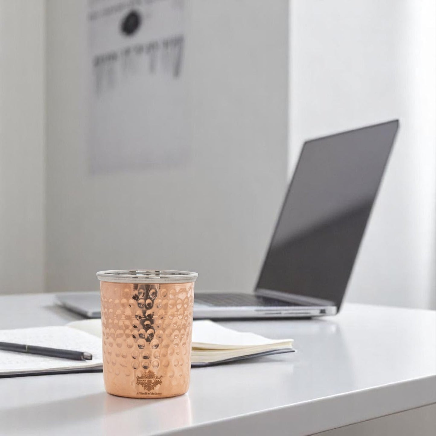 Pure Steel Copper Flat Hammered Design Glass Tumbler 300 ML