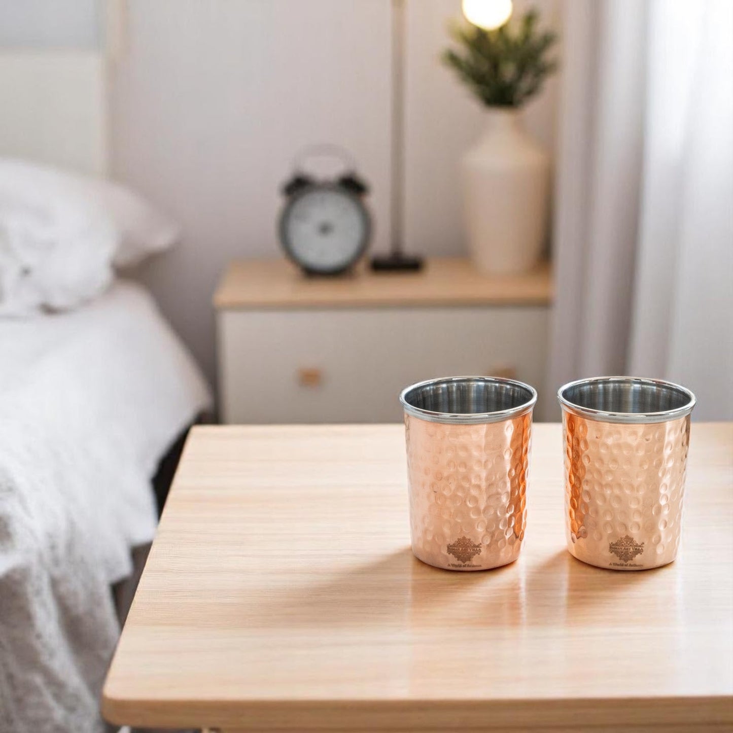 Pure Steel Copper Flat Hammered Design Glass Tumbler 300 ML