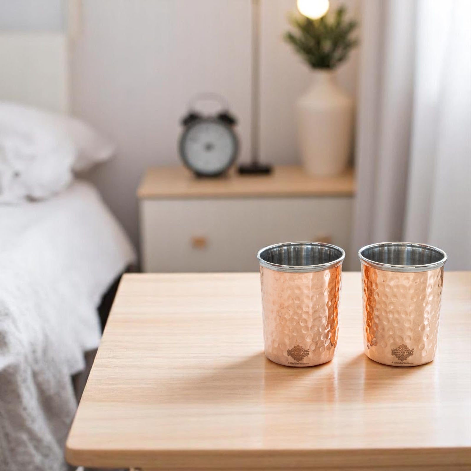 Pure Steel Copper Flat Hammered Design Glass Tumbler 300 ML