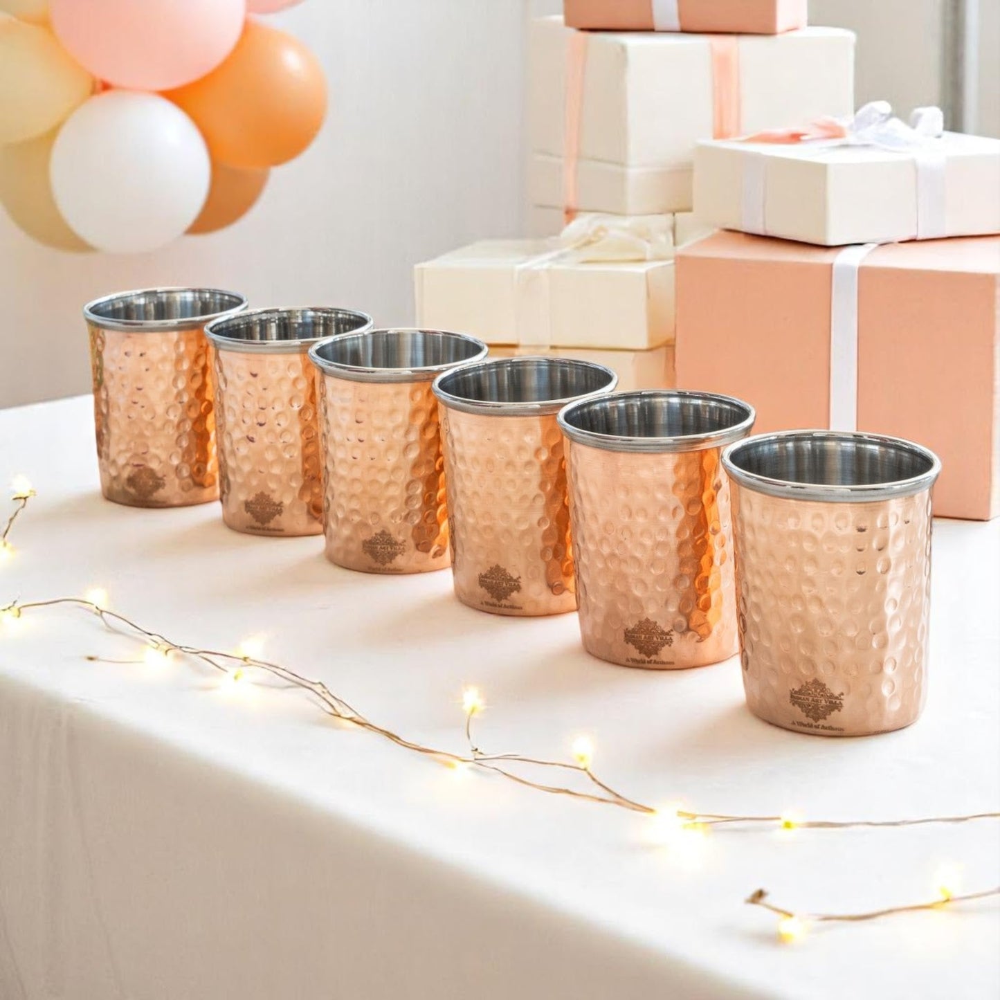 Pure Steel Copper Flat Hammered Design Glass Tumbler 300 ML