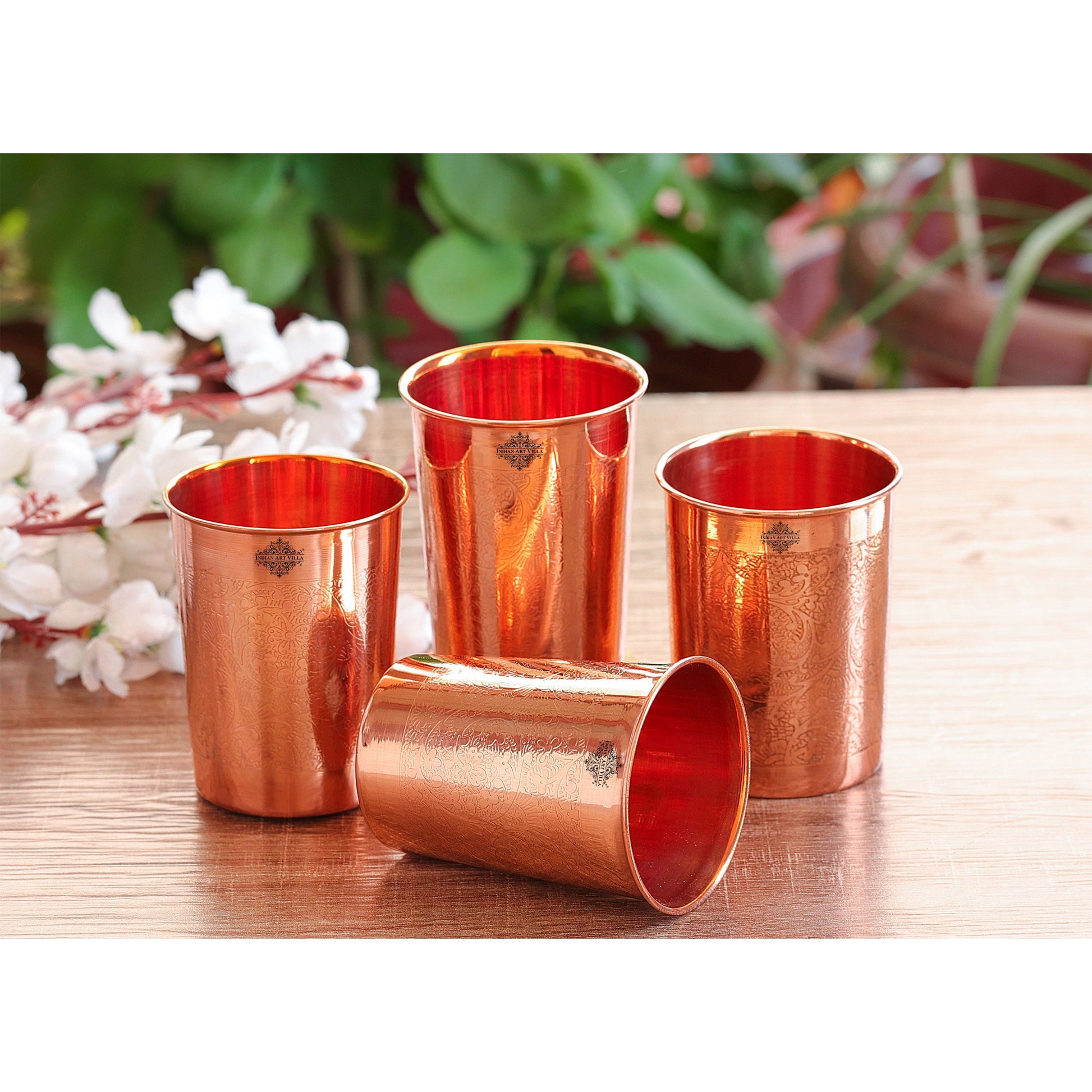 Pure Copper Glass With Handcrafted Embossed Design 275 ML