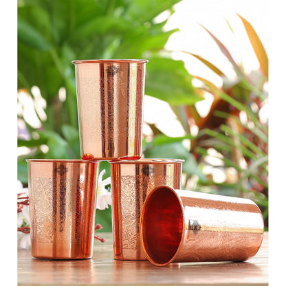 Pure Copper Glass With Handcrafted Embossed Design 275 ML