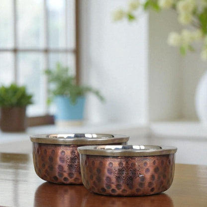 Steel Copper Katori/Bowl With Hammered Antique Dark Tone Design, Serving Dishes, Dinnerware & Tableware - 6 - 145 ML