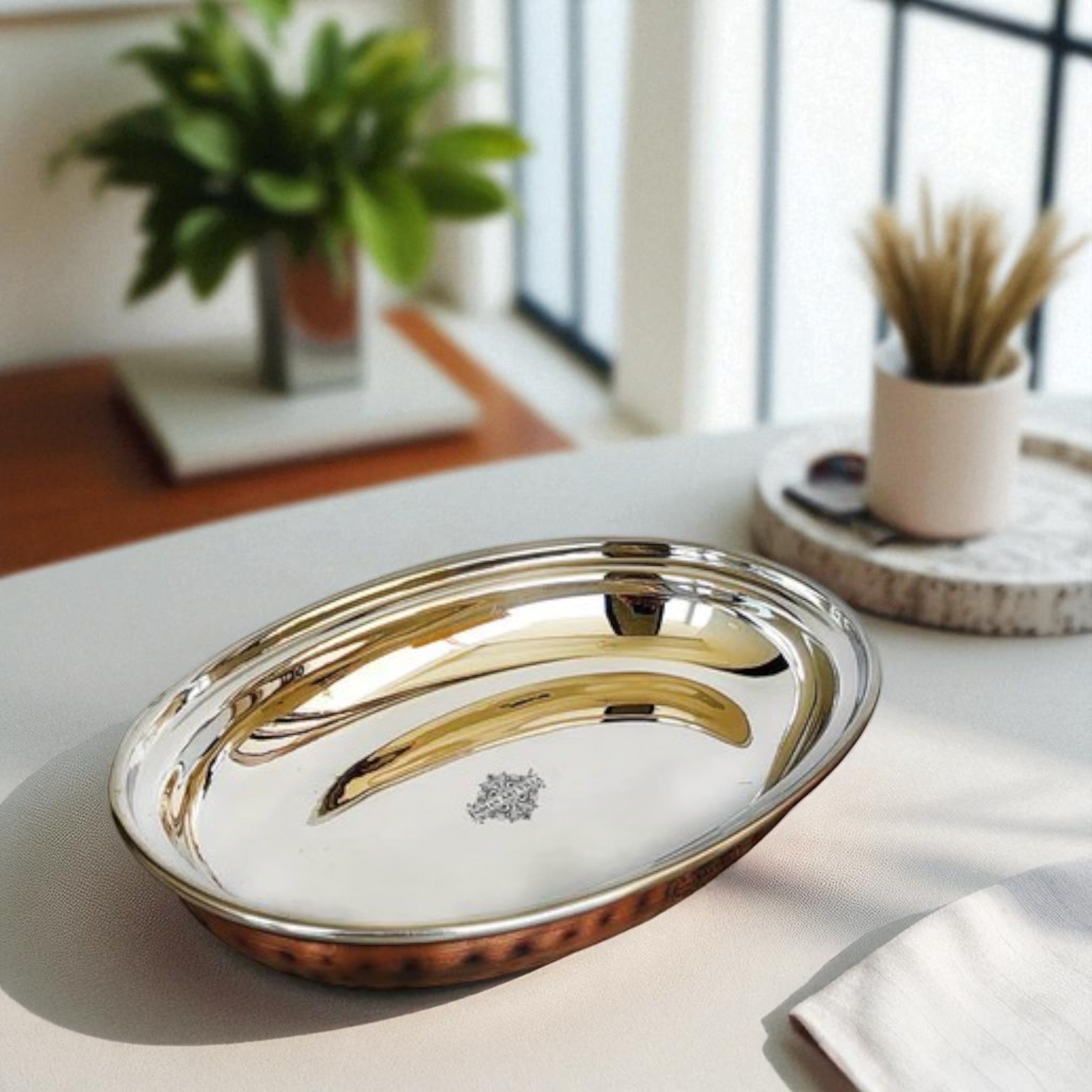 Steel Copper Hammered Antique Dark Tone Design Oval Platter, Serveware & Tableware, Home Restaurant