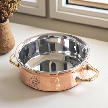 Indian Art Villa: Stainless Steel & Copper Handi with Handle – Perfect for Traditional Cooking and Serving