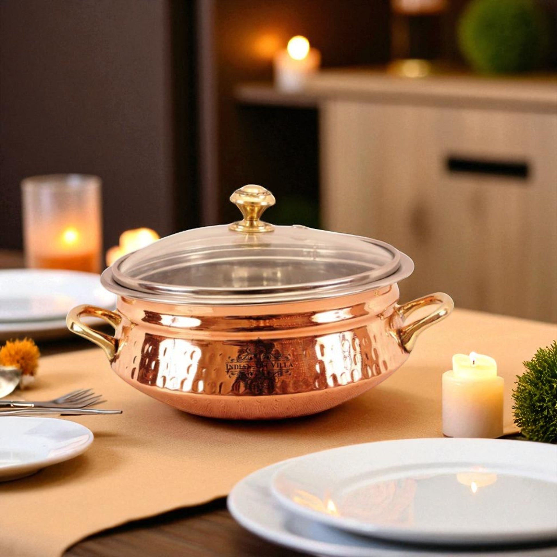 Pure Steel Copper Handi with Glass Lid & Brass Handle