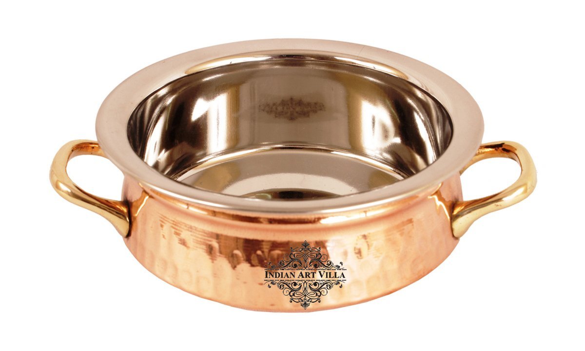 Indian Art Villa: Stainless Steel & Copper Handi with Handle – Perfect for Traditional Cooking and Serving