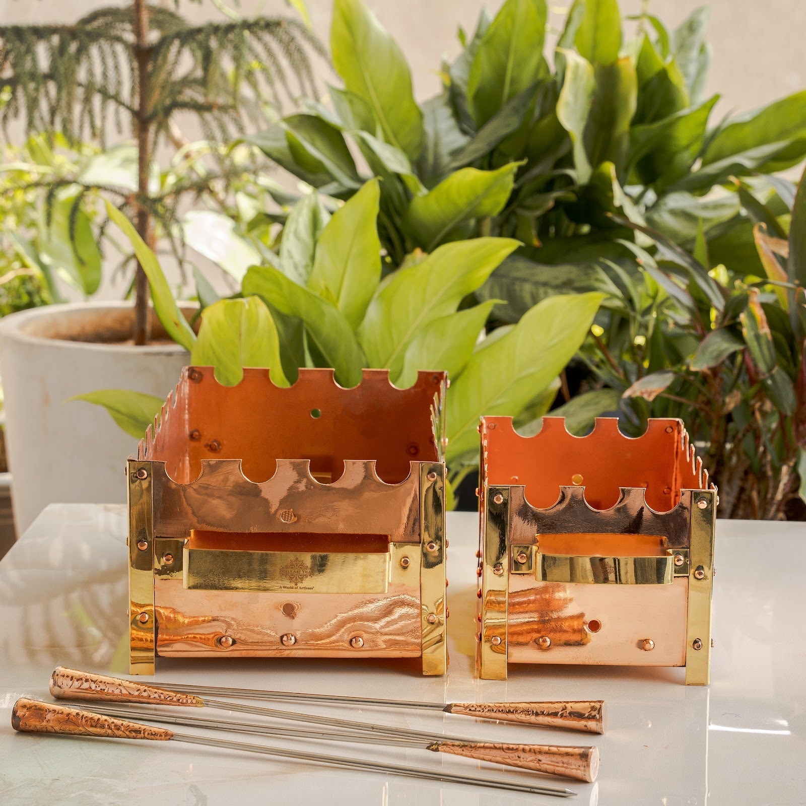 Copper Barbecue With 3 & 4 Skewer, Used for Grilling Chicken Paneer Tikka