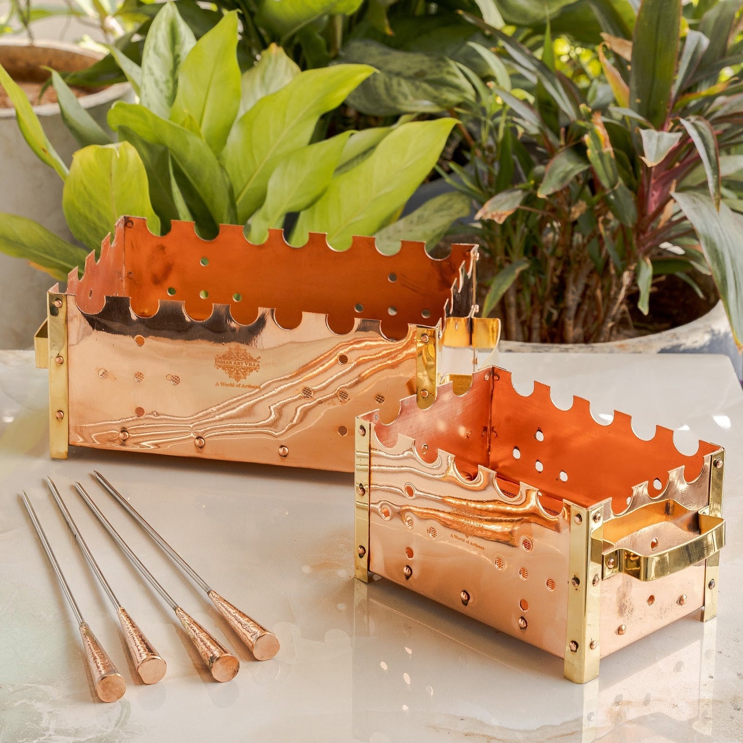 Copper Barbecue With 3 & 4 Skewer, Used for Grilling Chicken Paneer Tikka