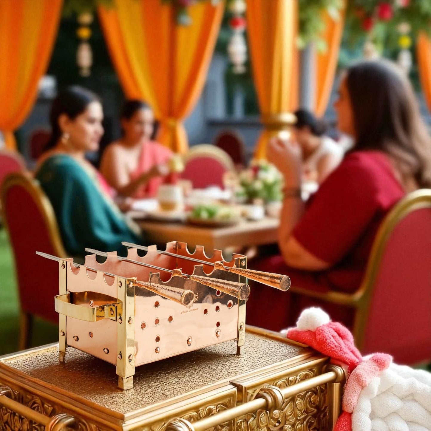 Copper Barbecue With 3 & 4 Skewer, Used for Grilling Chicken Paneer Tikka