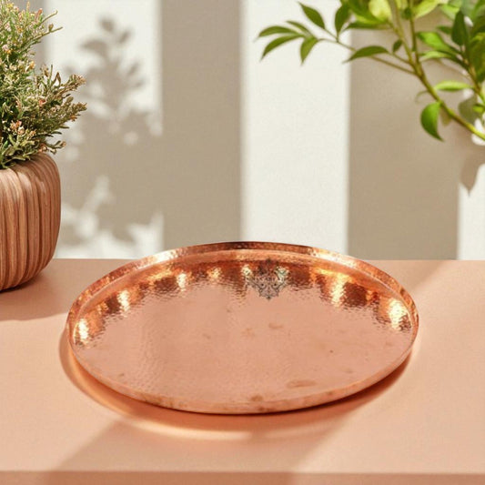 Handmade Pure Copper Hammered Design Round Shape Tray
