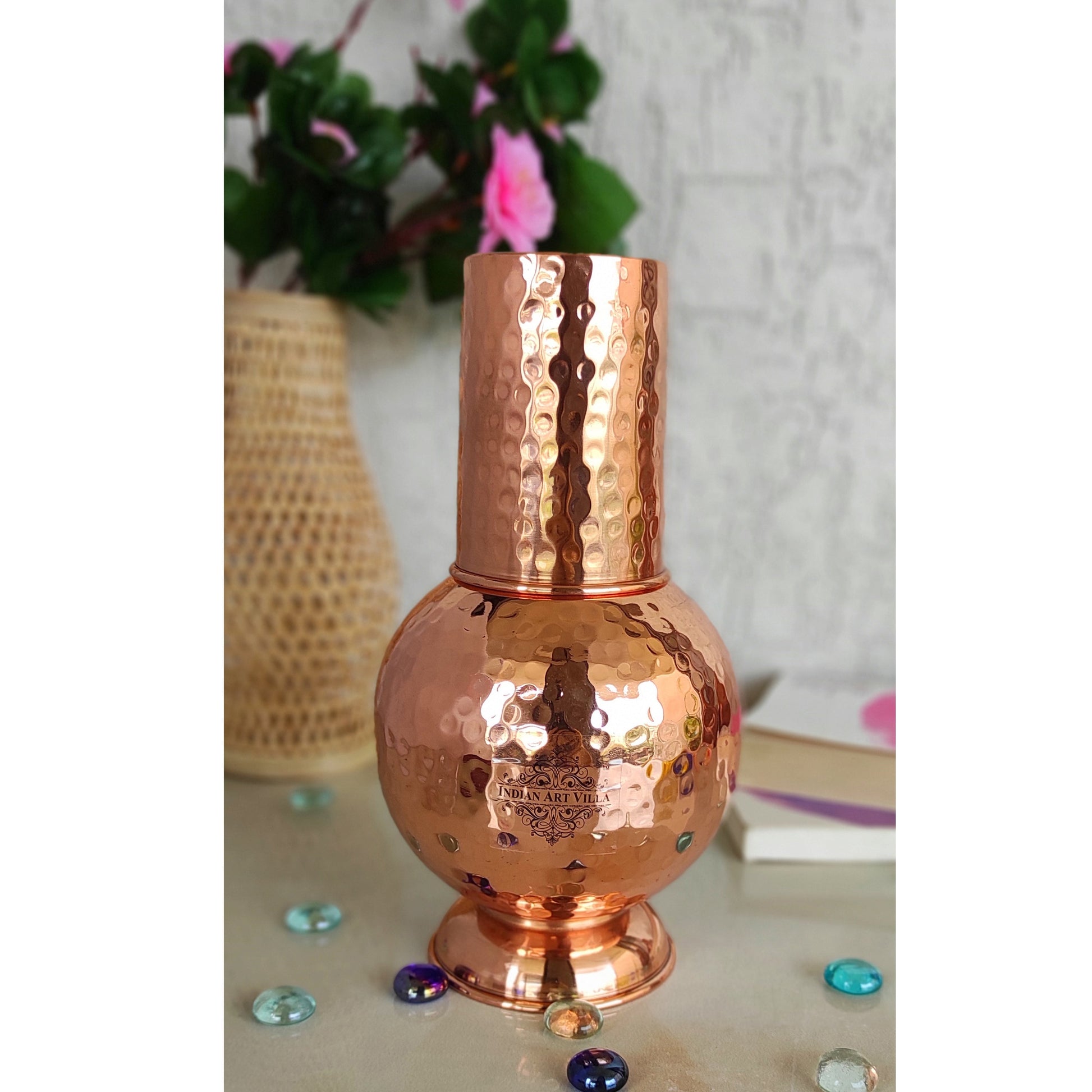 Pure Copper Surai Design Bedroom water Bottle With Inbuilt Glass