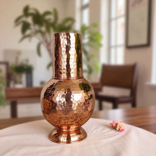 Pure Copper Surai Design Bedroom water Bottle With Inbuilt Glass