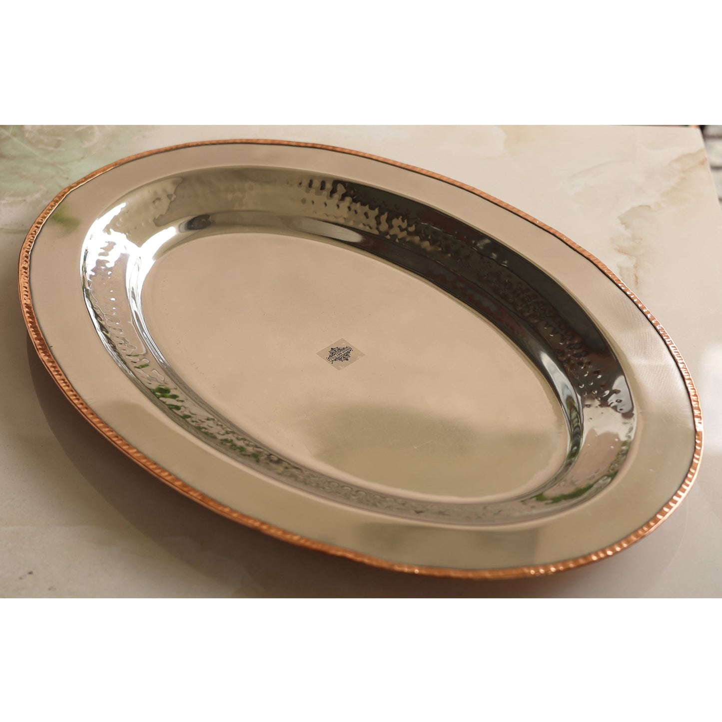 Steel Copper Plate/Platter With Oval & Flat Shape And Hammered Design, Dinnerware, Serveware & Tableware, Home Restaurant, Width- 53.34 cm