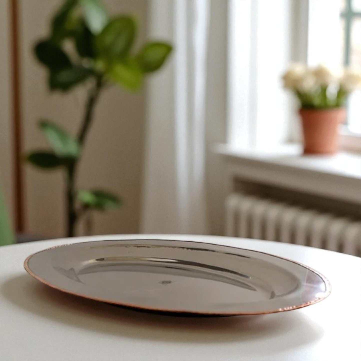 Steel Copper Plate/Platter With Oval & Flat Shape And Hammered Design, Dinnerware, Serveware & Tableware, Home Restaurant, Width- 53.34 cm