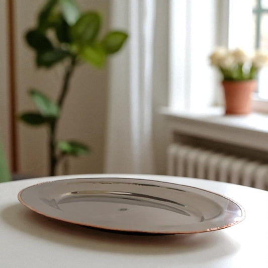Steel Copper Plate/Platter With Oval & Flat Shape And Hammered Design, Dinnerware, Serveware & Tableware, Home Restaurant, Width- 53.34 cm