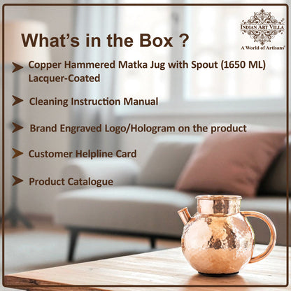 Pure Copper Hammered Matka Jug With Spout - 1650 ML