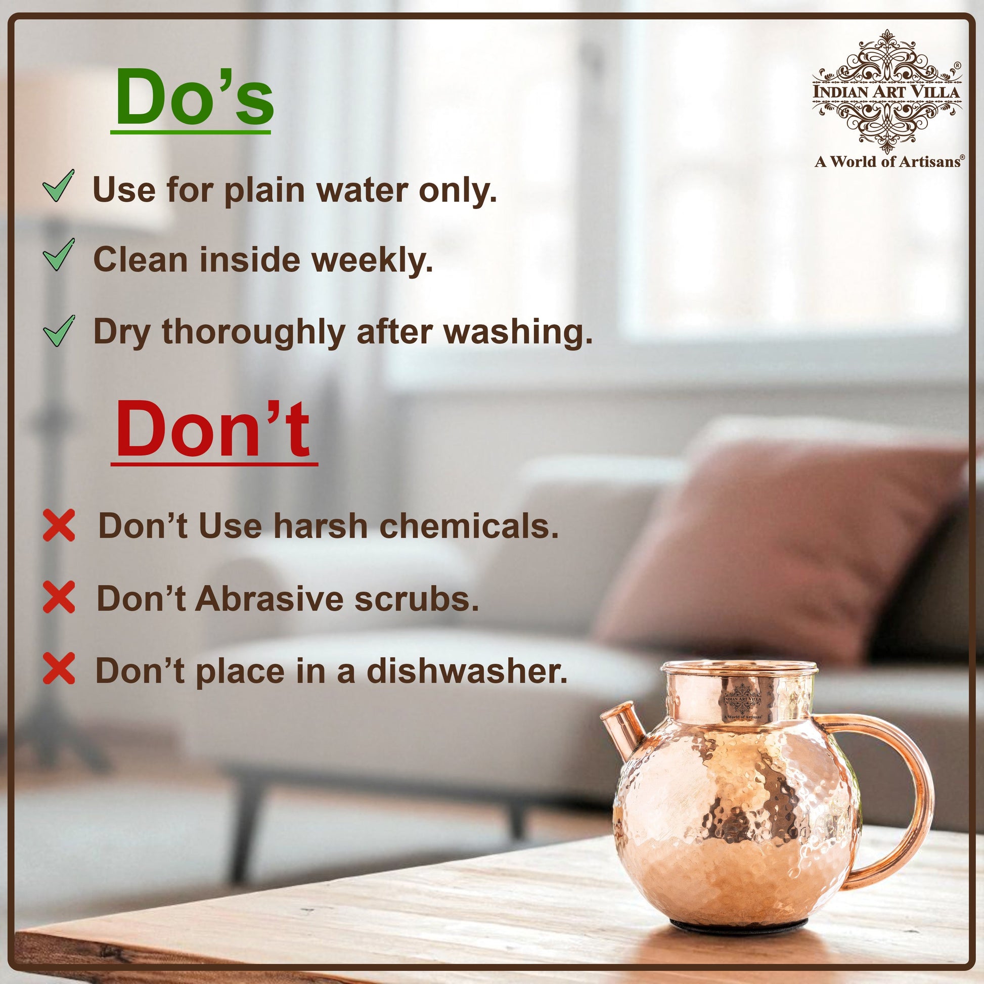 Pure Copper Hammered Matka Jug With Spout - 1650 ML