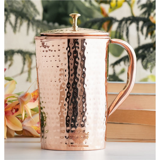 Pure Copper Hammered Antique Design Jug, Pitcher with Brass Knob on Lid