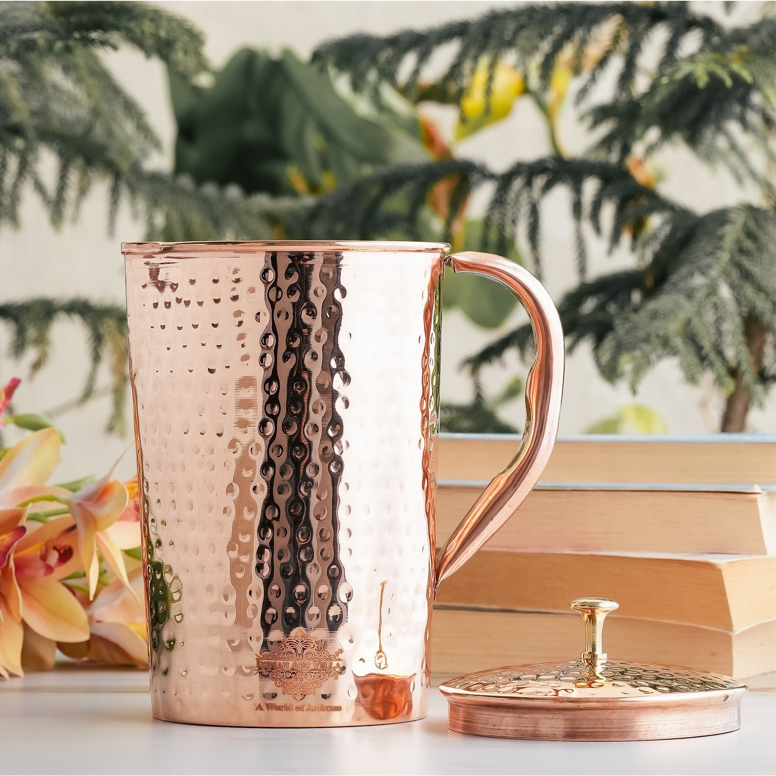 Pure Copper Hammered Antique Design Jug, Pitcher with Brass Knob on Lid