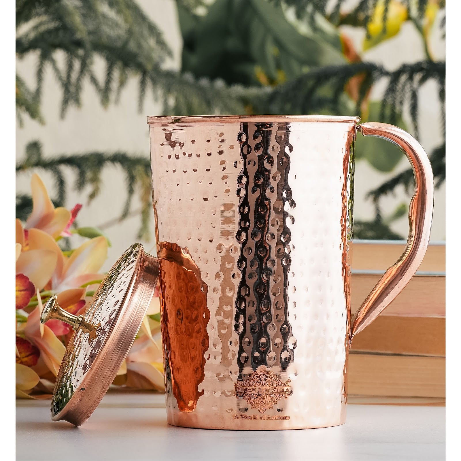 Pure Copper Hammered Antique Design Jug, Pitcher with Brass Knob on Lid