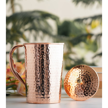 Pure Copper Hammered Antique Design Jug, Pitcher with Brass Knob on Lid