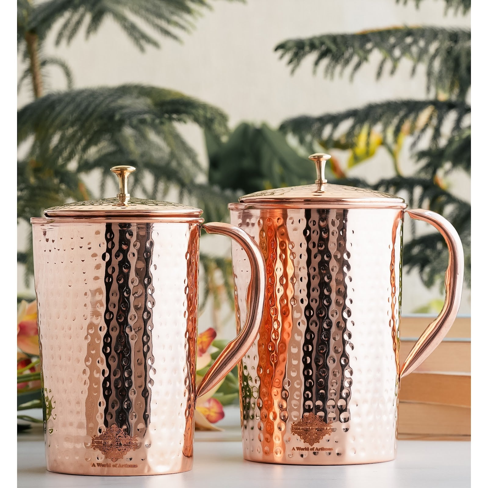 Pure Copper Hammered Antique Design Jug, Pitcher with Brass Knob on Lid