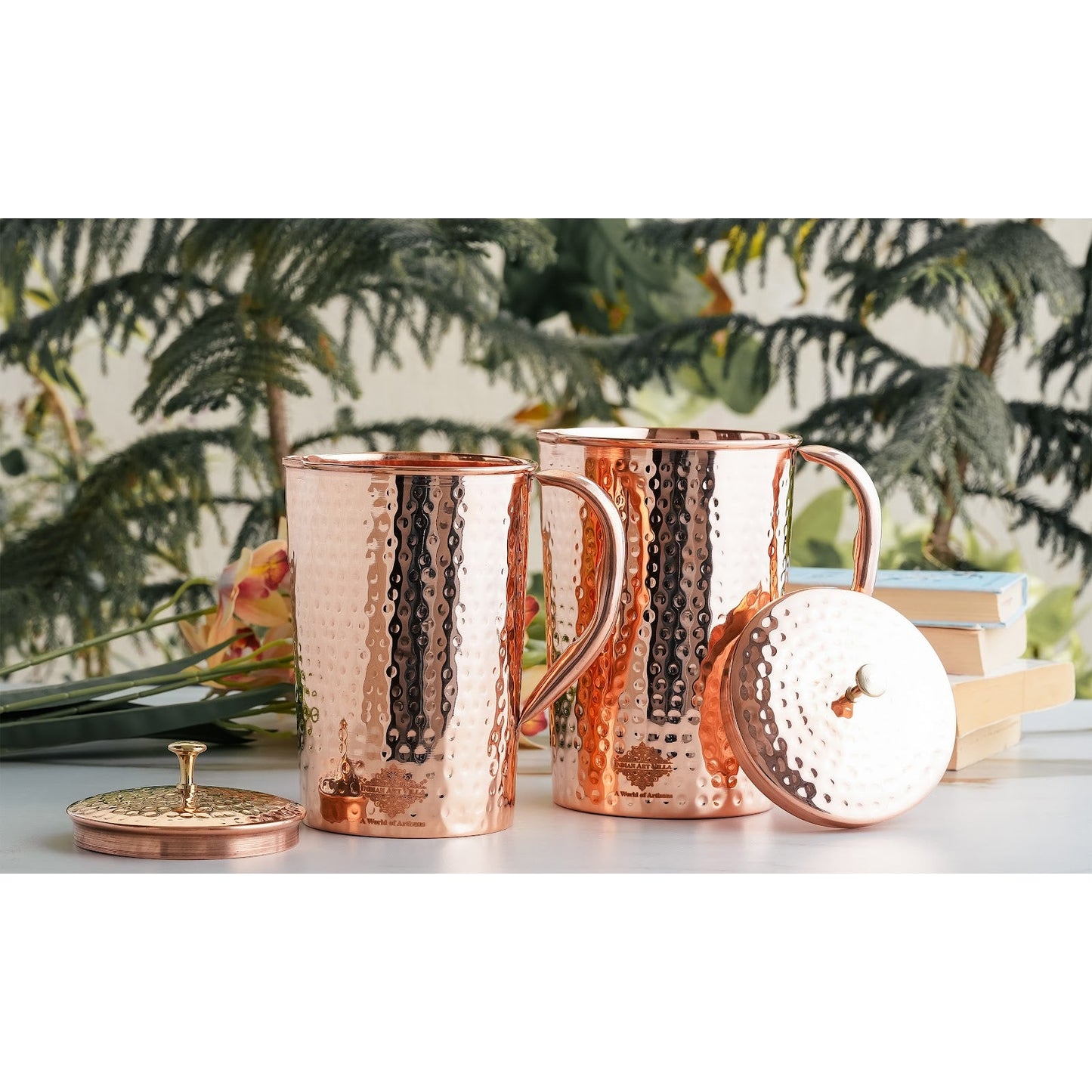 Pure Copper Hammered Antique Design Jug, Pitcher with Brass Knob on Lid