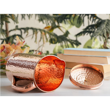 Pure Copper Hammered Antique Design Jug, Pitcher with Brass Knob on Lid