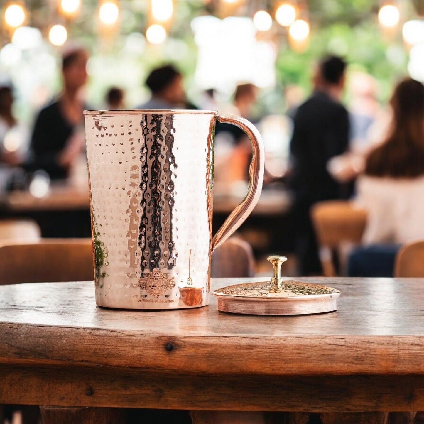 Pure Copper Hammered Antique Design Jug, Pitcher with Brass Knob on Lid